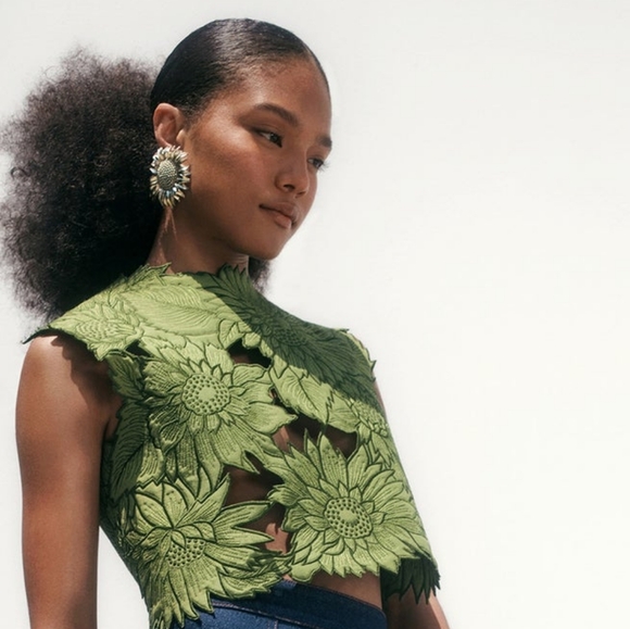 $2990 NEW 2024 OSCAR DE LA RENTA SUNFLOWER EMBROID QUILTED TOP L